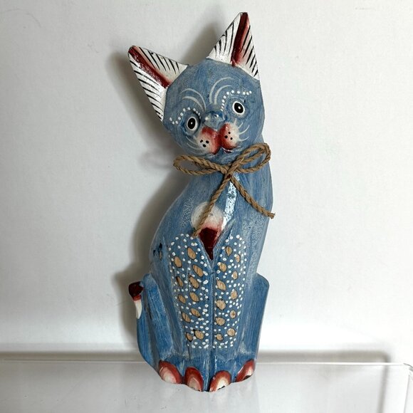 Hand Carved Wooden Cat Figurine Handpainted Blue Colorful Home Decor - Picture 1 of 13